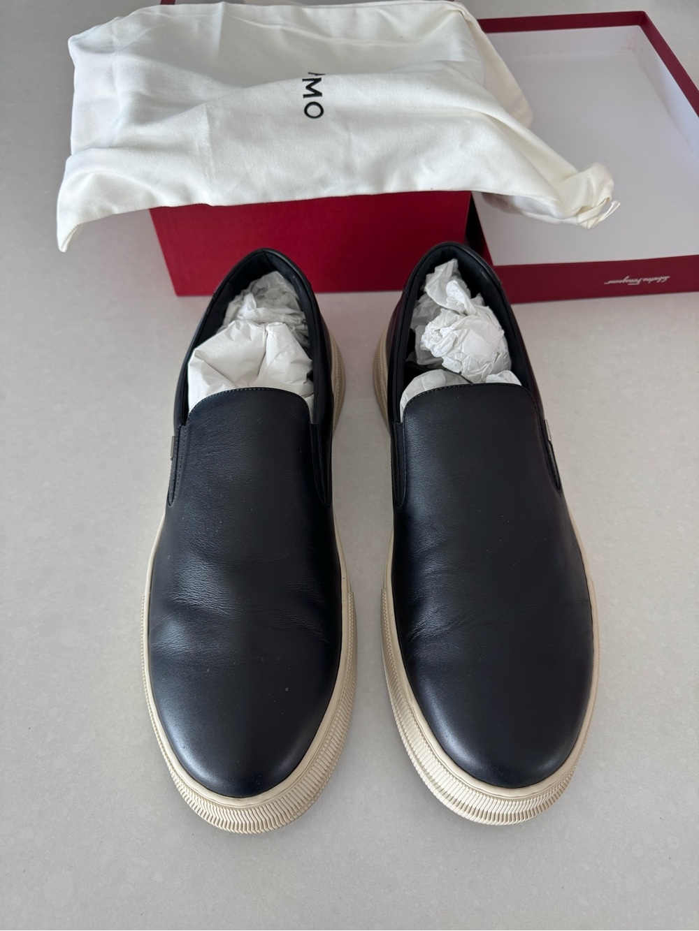 Salvatore Ferragamo Black Leather Slip-On Sneakers with Cream Sole
